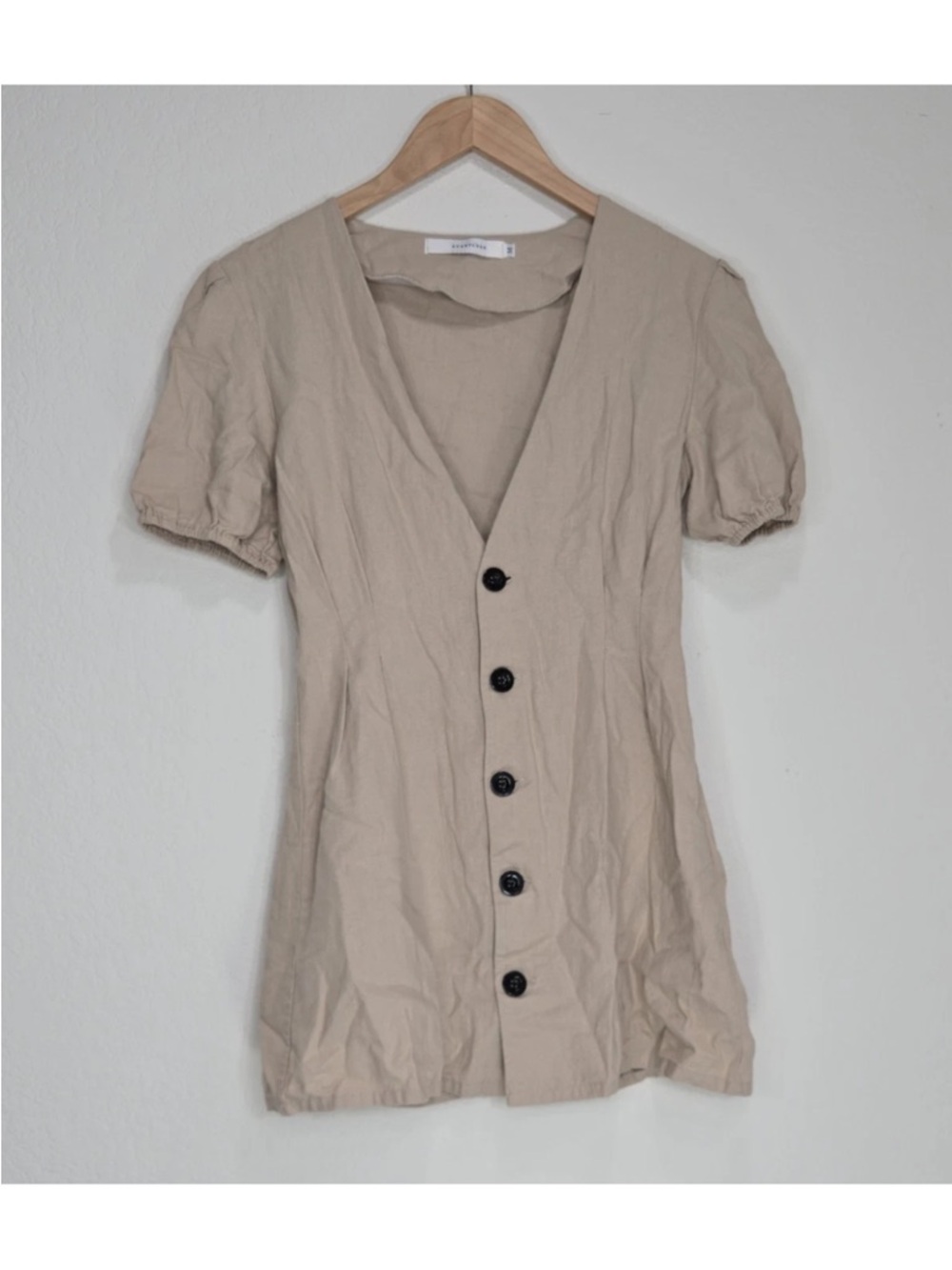 Avantlook Linen Button Down Mini Dress Puff Sleeves Tan Nude Size M Womens
